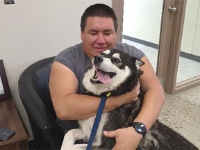 King the husky is reunited with his owner Wendal Roberts after three weeks. King was taken from La Ronge and brought to the Prince Albert SPCA when fires threatened the community earlier this month.