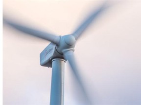 A wind turbine spins at an Acciona wind farm on February 17, 2015 near Igualada, Spain.