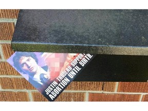 An anti-abortion flyer, as shown on the Facebook page of the Canadian Centre for Bio-Ethical Reform, features an image of Liberal Leader Justin Trudeau. Parts of this image have been pixelated.