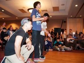 B-boys battle it out in a two-on-two breakdance competition, Game Theory: B-boy/B-girl Tournament, at TCU Place on May 3, 2014.