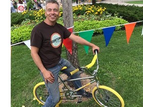 Cory Klassen shows off his Scorpion SX at a gathering of vintage bikes in Saskatoojn Saturday.