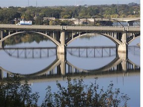 It was a little bit windy on Tuesday, September 22, leading to a slightly distorted reflection of the Traffic and Broadway bridges in the South Saskatchewan River.