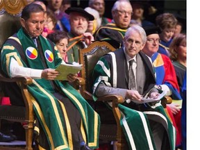 Peter Stoicheff, right, with Chancellor Blaine Favel, was installed as University of Saskatchewan President prior to a convocation ceremony at TCU Place, Saturday, October 24, 2015.