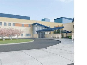 A rendering of the front entrance to a new Saskatchewan Hospital, now under construction in North Battleford.