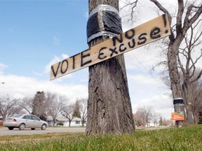 This sign to urge us to vote was tacked onto a tree on election day on Park Street at 18th Avenue in Regina on May 02, 2011.