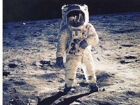 In 1969, "Apollo 11" astronauts Neil Armstrong and Edwin "Buzz" Aldrin became the first men to set foot on the Moon. Armstrong stepped onto the lunar surface at 10:56 p.m. ET and proclaimed, "That's one small step for man, one giant leap for mankind." Aldrin and Armstrong collected nearly 22 kilograms of lunar rock and soil before blasting off 21 hours, 36 minutes and 21 seconds after they landed and rejoining crewmate Michael Collins orbiting above.