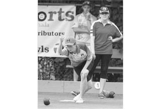 Nicole LeBlanc of Ontario delivers a shot against Jordan Kos of Saskatchewan in the under-18 event of the Canadian Lawn Bowling Championships at Nutana Lawn Bowling Club, Wednesday.