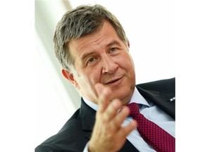 Norbert Steiner, CEO of K+S, speaks during a press conference in Frankfurt Germany, Thursday July 2, 2015. German-based salt and potash producer K+S AG is rejecting a takeover offer from Potash Corp. of Canada, saying it fails to reflect the company's fundamental value. Potash said June 25 it had proposed takeover negotiations. K+S said its board and directors on Thursday rejected an offer for all its outstanding shares of 41 euros (US $45.54) per share, which would value the company at 7.85 billion euros. (Arne Dedert/dpa via AP)