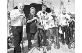 Nordiques star Michel Goulet, second from right, hopes Quebec City will be granted an NHL expansion team and that they will bring back the classic Nordiques jersey.