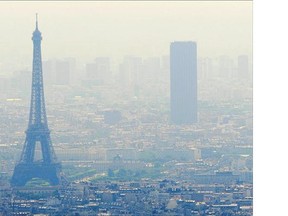 Paris' pollution problem is especially embarrassing for a city that's trying to be environmentally exemplary as it prepares to be host in two months crucial UN talks focused on reducing emissions. An aerial picture shows a smoggy view of the Eiffel Tower and the Tour Maine-Montparnasse in Paris.