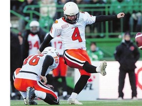 Paul McCallum, seen playing during the 2013 West Division semifinal at Mosaic Stadium with the B.C. Lions, is poised to rejoin the Saskatchewan Roughriders.