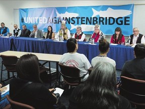 Peter Lantin, far right, president of the Council of the Haida Nation, speaks as other First Nations chiefs and leaders listen during a news conference about the Enbridge Northern Gateway pipeline in Vancouver on Thursday.