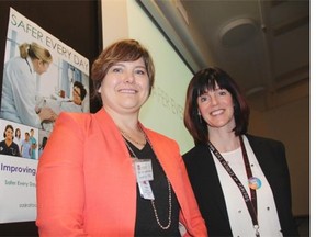 Petrina McGrath, left, and Dr. Susan Shaw, co-leads of the Safer Every Day 90-day initiative can be seen with promotional material following the launch of the campaign on Tuesday at the Saskatoon Health Region’s St. Paul’s Hospital. The Safer Every Day initiative aims at reducing patient harm as part of a goal to eliminate preventable harm entirely by 2020.