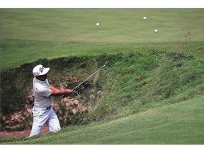 Rickie Fowler of the United States hits a shot during a practice round prior to the PGA Championship at Whistling Straits on Monday in Sheboygan, Wis.