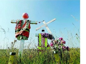 A roadside memorial sits where then 18-year-old Ashley Richards was struck and killed by a vehicle as she worked as a flag person in a highway construction zone south of Weyburn.