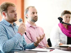 Robert Henry, from left, Indigenous Studies University of Saskatchewan, Jason Demers, English Department, University of Regina; Canadian Council for Policy Alternatives and Michelle Stewart, Justice Studies, University of Regina, speak during panel discussion taking place titled Injust Justice, in Regina on Tuesday. The panel focused on discrimination in the Saskatchewan incarceration systems.