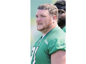 Rookie defensive tackle Brandon Tennant, here at practice Wednesday, was chosen in the seventh round of the 2015 CFL Draft - but he's become a starter with the Roughriders.