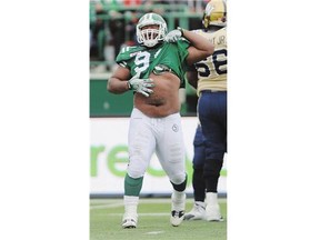Roughriders defensive tackle Andre Monroe had two sacks in his CFL debut on Sunday and also made it difficult for the Bombers to run up the gut. 
  
 Michael Bell/Leader-Post.