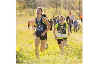 Runners compete during the midget girls race of the provincial high school cross-country championship at Lakewood Park on Saturday. For the top five finishers and all Saskatoon results, please see the Sports Report on page C6.