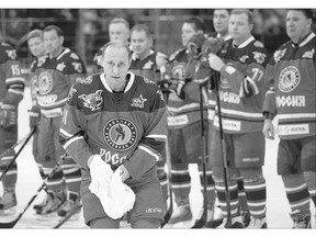 As Russian television began broadcasting footage of Russian cruise missiles being fired on Syria from the Caspian Sea, Russian President Vladimir Putin, who turned 63 Wednesday, hit the ice in Sochi for a hockey game that included former NHL stars and Russian officials and tycoons. Putin scored seven goals as his team won 15-10.