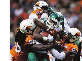 The Saskatchewan Roughriders' Anthony Allen is taken down by the B.C. Lions on July 10 in what proved to be the Roughriders' second loss of the season. The Roughriders are 0-9 for only the third time in franchise history.