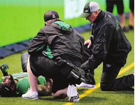 Saskatchewan Roughriders defensive back Tristan Jackson receives medical attention after going down with an injury at Mosaic Stadium on Friday.
