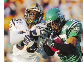 Saskatchewan Roughriders' Eddie Davis, right, a new inductee to the Hall of Fame, often went head-to-head over the years with Winnipeg Blue Bombers' Milt Stegall.