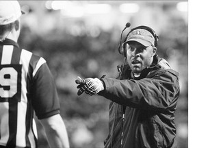 Saskatchewan Roughriders head coach Corey Chamblin challenges a call during second-half CFL action against the B.C. Lions in Regina on July 17.