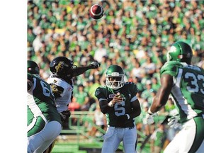 Saskatchewan Roughriders quarterback Kevin Glenn passes the ball before he was injured against the Hamilton Tiger-Cats in Regina on Sunday.