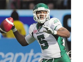 Saskatchewan Roughriders quarterback Kevin Glenn passes against the B.C. Lions during the first half of a CFL football game in Vancouver on Saturday.