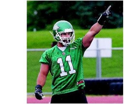 Saskatchewan Roughriders Shea Emry at practice at Griffiths Stadium on Wednesday in Saskatoon, which wrapped up 18 days of training camp here.