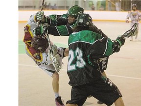 Saskatchewan SWAT's Baeley Malkoske moves the ball against the Rockyview Silvertips in boys Junior B lacrosse action in June. The team now is battling for the Canadian title.