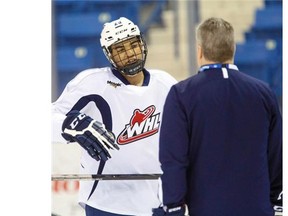 Saskatoon Blades prospect Lukus MacKenzie at practice in Saskatoon on March 19, 2015.