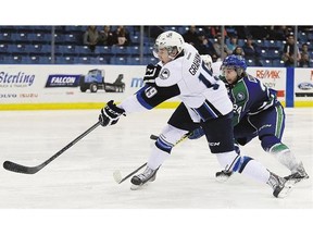 The Saskatoon Blades Ryan Graham takes a shot against the Swift Current Broncos during a game at the SaskTel Centre in Saskatoon last season.