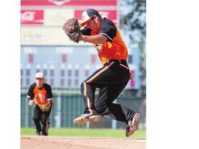 Saskatoon Diamondbacks pitcher Devon McCollough throws a pitch against the North Battleford Petro Hawks during the Softball Saskatchewan Senior A Men's provincial championship at Bob Van Impe Stadium on Saturday.