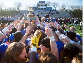 The Saskatoon Hilltops raise the The Prairie Football Conference trophy after they defeat the Calgary Colts in the Prairie Football Conference final at SMF Field on Sunday, October 25th, 2015.