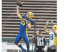 Saskatoon Hilltops receiver Ryan Turple can't squeeze a ball thrown his way during the annual Alumni game on Thursday.