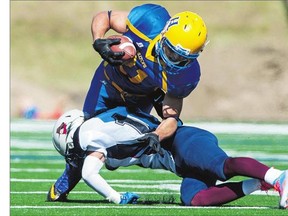 Saskatoon Hilltops running back Logan Fischer, top, has gained a reputation on the football field as a tough player who will run over or through defenders as much as he skirts, slashes and dances around them.
