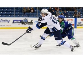 The Saskatoon Blades Ryan Graham takes a shot against the Swift Current Broncos during first period action at the SaskTel Centre in Saskatoon on March 1, 2015.