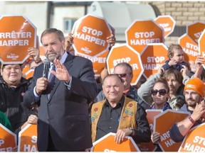 Federal NDP Leader Thomas Mulcair made a stop in Saskatoon at candidate Sheri Benson's Saskatoon-West campaign office on Sunday.