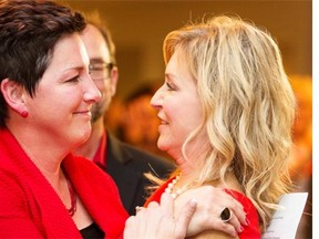Saskatoon Liberals Tracy Muggli (left) and Cynthia Block celebrate on Oct. 19, 2015