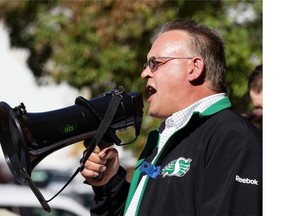 Jim Yakubowski, ATV Local 615 President, speaks to locked out transit workers rally in front of city hall before attending a meeting of city council debating changes to pension plans, Monday, September 22, 2014.