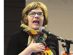 Saskatoon West NDP candidate Sheri Benson speaks after winning her riding at NDP headquarters following the federal election on Oct. 19, 2015.