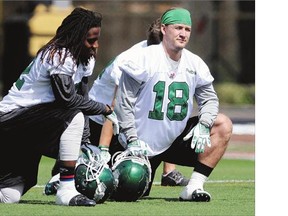 Scott McHenry, who has been re-signed by the Roughriders, was back at practice Tuesday wearing his familiar No. 18 jersey.