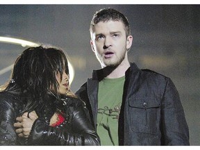 Singer Janet Jackson, left, briefly exposed her breast during the halftime show at Super Bowl XXXVIII in 2004 when Justin Timberlake tore away a piece of her outfit.