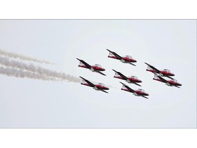 The Snowbirds perform during the Canada Remembers Our Heroes air show. A CF-18 Hornet team and the Canadian Armed Forces' Sky Hawks parachute team were also on hand during last weekend's event.