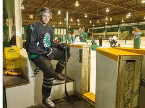 Brett McCormick, U of S Huskies rookie D-man Brett McCormick, who is back pursuing hockey after a professional Super Bike motorcycling career in Europe, poses for a photograph during a Huskies hockey practice at Rutherford Rink on Tuesday, Sept. 22, 2015.