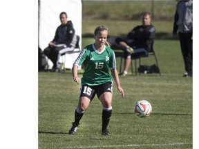 Erica Hindmarsh of the Univeristy of Saskatchewan Huskies women's soccer team takes on the MacEwan Griffins in Canada West action.