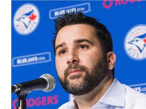 Toronto Blue Jays general manager Alex Anthopoulos speaks at a press conference in Toronto, Tuesday July 28, 2015. The Blue Jays acquired Troy Tulowitzki and reliever LaTroy Hawkins from the Colorado Rockies in a trade involving Jose Reyes.