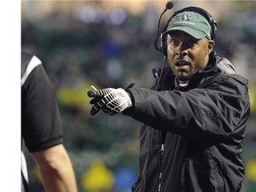 Saskatchewan Roughriders head coach Corey Chamblin challenges a call during second half CFL action against the B.C. Lions in Regina on Friday, July 17, 2015. B..C. won 27-24.